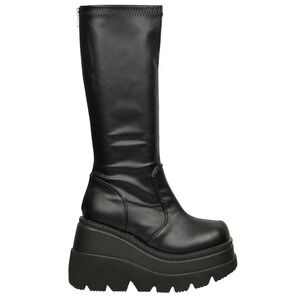 DEMONIA Shaker 65 Black Vegan Leather Chunky Platform Wedge Mid-Calf Boots Sz 8